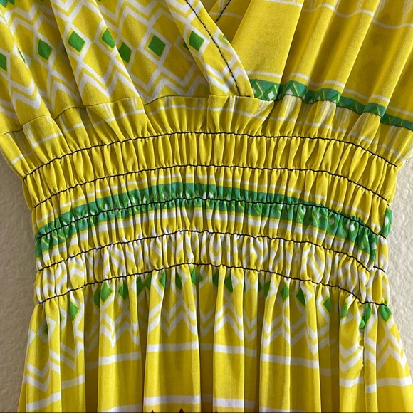 Romantic SINI sheer yellow midi dress with purple & green tribal pattern - Picture 5 of 11
